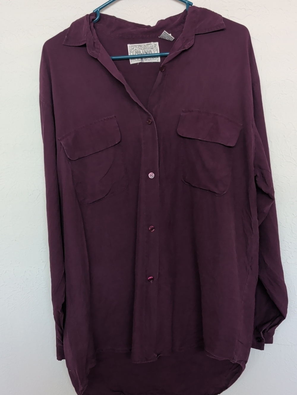 Long Sleeve Silk Button-Up Shirt - Wine